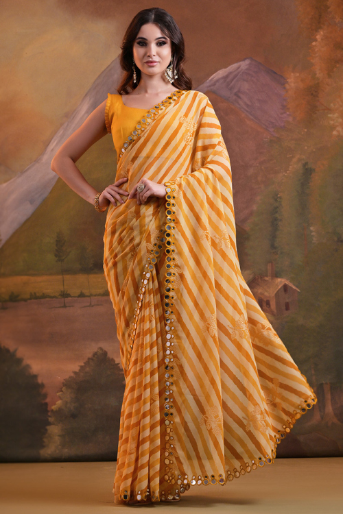 Georgette Light Orange Printed Leheriya Saree