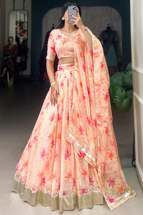 Georgette Light Peach Lehenga with Printed Work for Diwali