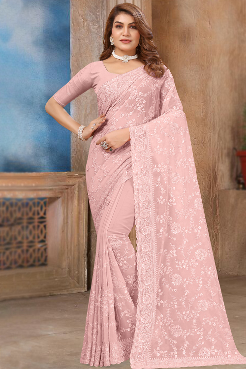 Georgette Light Pink Embroidered Saree For Festival