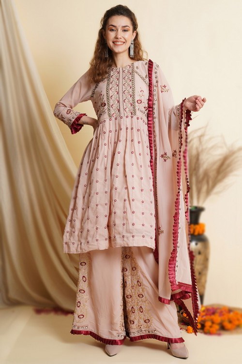 Georgette Light Pink Embroidered Straight Cut Palazzo Suit