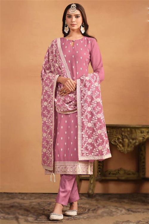 Georgette Punch Pink Resham Embroidered Trouser Suit