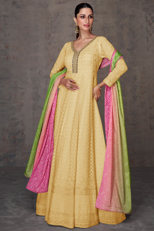 Georgette Light Yellow Embroidered Anarkali Suit