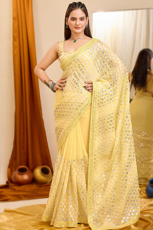 Plain yellow saree with designer blouse shop