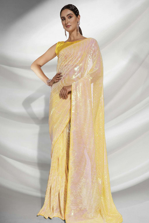 Georgette Light Yellow Embroidered Party Wear Saree