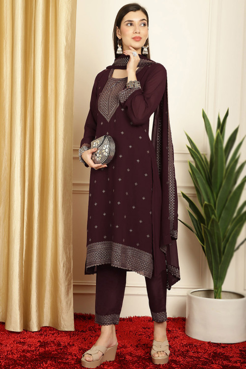 Georgette Maroon Resham Embroidered Straight Cut Suit