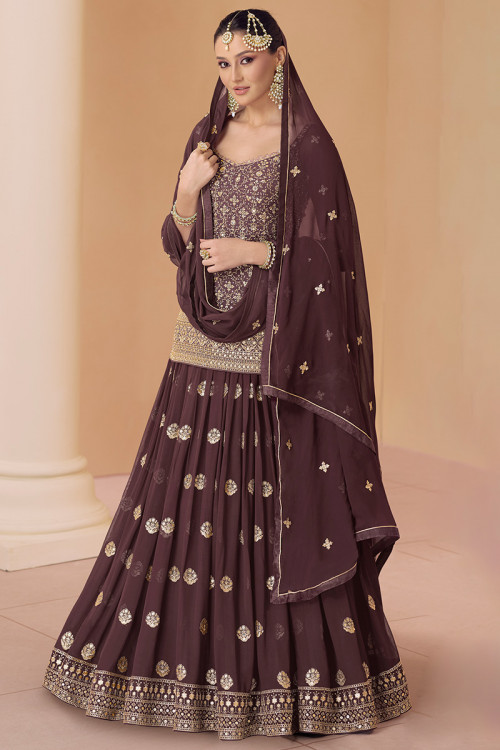 Black georgette readymade lehenga, checked deisgn skirt in square