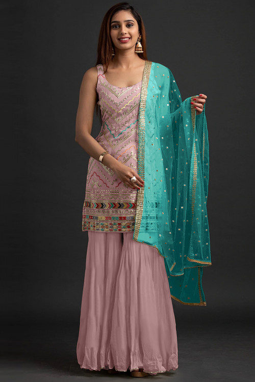 Georgette Mauve Pink Embroidered Straight Cut Suit