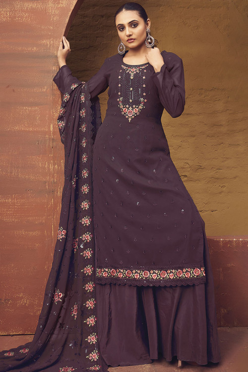 Georgette Mauve Taupe Embroidered Straight Cut Palazzo Suit 