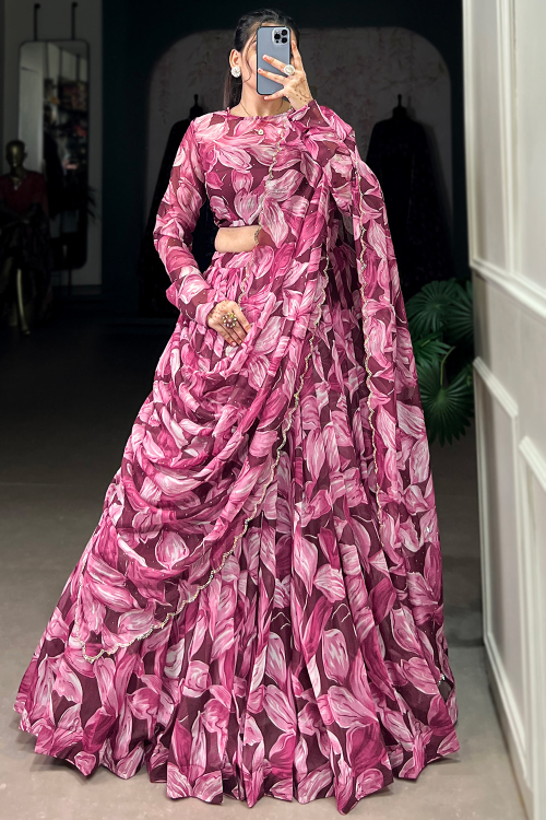 Georgette Mauve Taupe Lehenga with Printed Work for Diwali