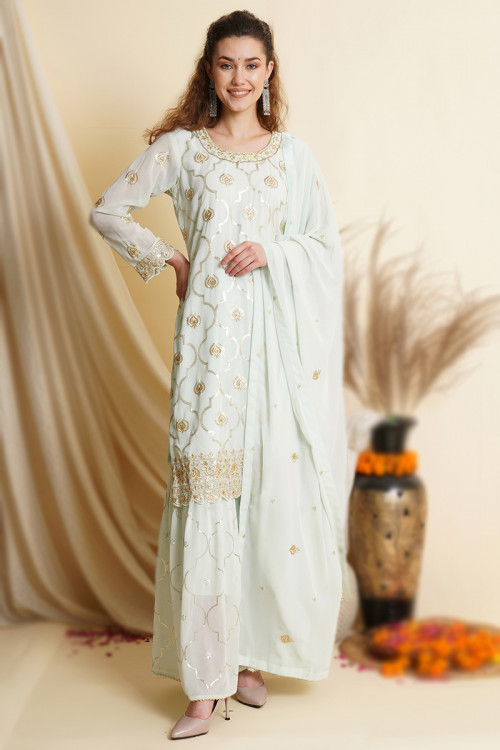 Georgette Mint Blue Embroidered Straight Cut Sharara Suit