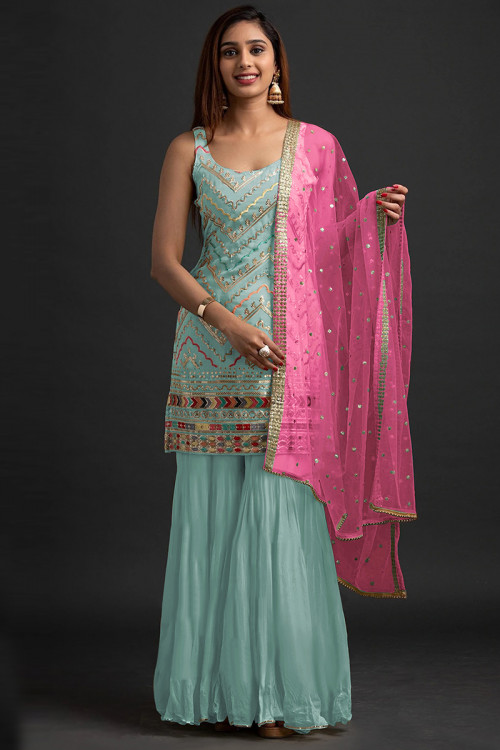 Georgette Mint Blue Embroidered Straight Cut Suit