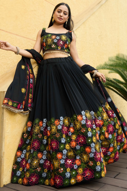 Georgette Mirror Embroidered Flared Style Black Chaniya Choli