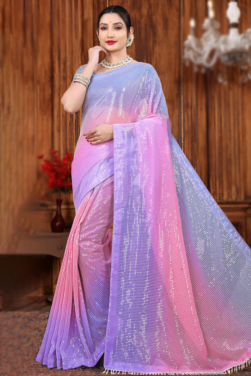 Georgette Multi-Color Sequins Embroidered Ombre Saree