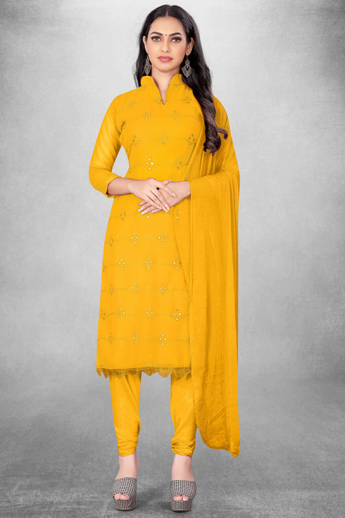Georgette Mustard Yellow Embroidered Churidar Suit 