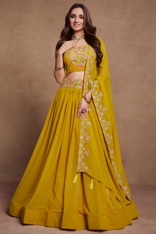 Buy Yellow Lehenga And Choli Georgette Embroidered Tiered Set With Cape For  Women by Priyaa Online at Aza Fashions.