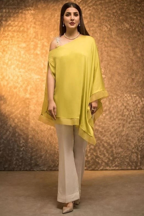 Georgette Mustard Yellow Indo-Western Suit With Bell Bottom 