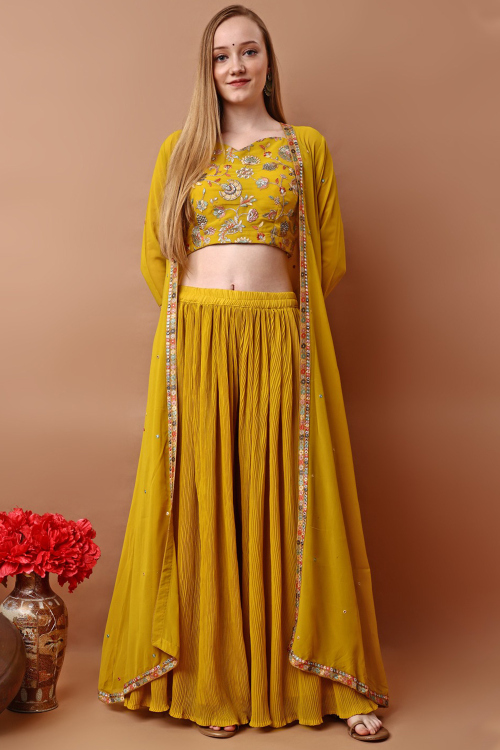 Georgette Mustard Yellow Palazzo Set With Embroidered Jacket