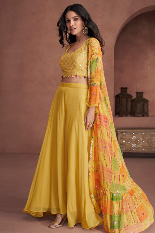 Georgette Mustard Yellow Printed Flared Palazzo Suit