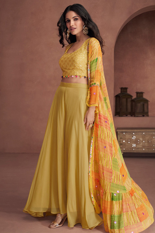 Georgette Mustard Yellow Printed Flared Palazzo Suit