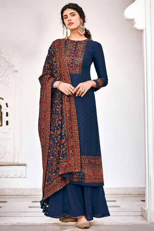 Georgette Navy Blue Embroidered Sharara Suit 