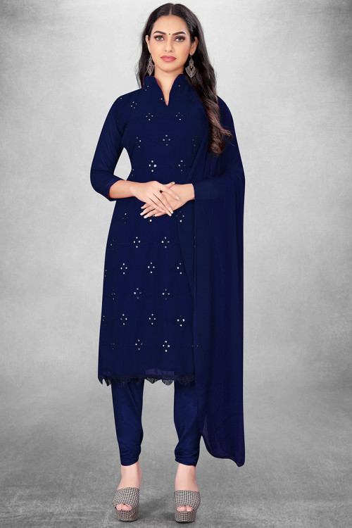Georgette Navy Blue Embroidered Straight Cut Churidar Suit