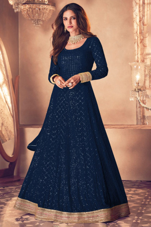 Printed Rayon Anarkali Suit in Navy Blue : KNTS32