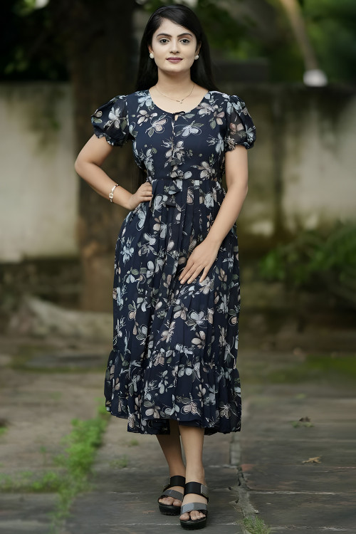 Buy Blue Georgette Puff Sleeve Indian Plus Size Dresses Online for Women in UK