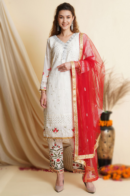 Georgette Off White Embroidered Straight Cut Trouser Suit