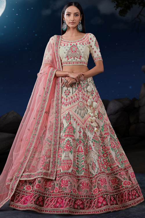 Georgette Off White Embroidered Wedding Wear Lehenga