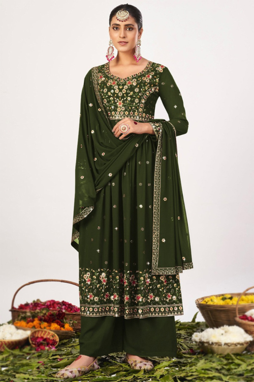 Georgette Olive Green Embroidered Palazzo Suit