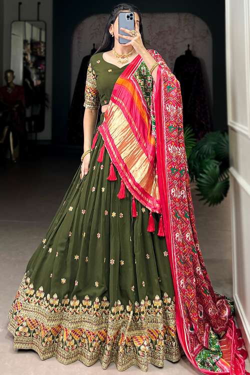 Georgette Olive Green Lehenga with Zari Work for Mehndi