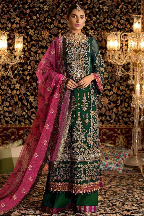 Georgette Pakistani Palazzo Suit In Forest Green Colour For Eid