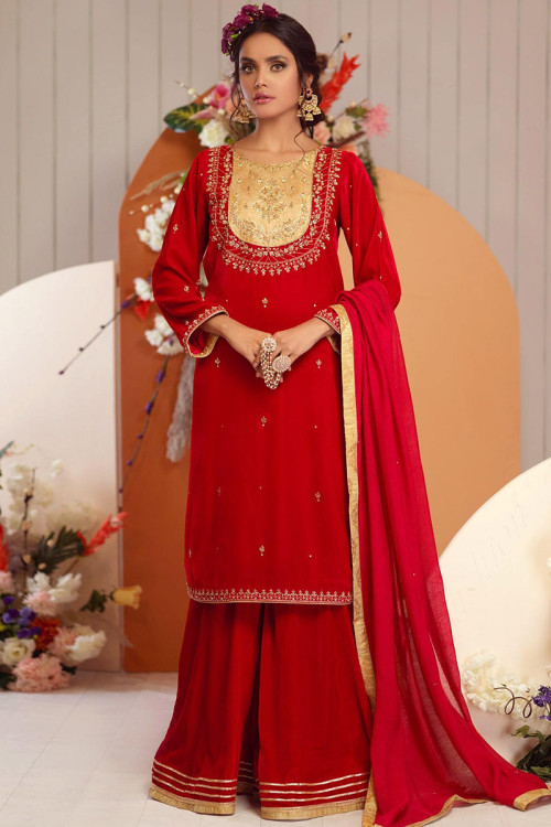 Georgette Palazzo Suit In Red Color 