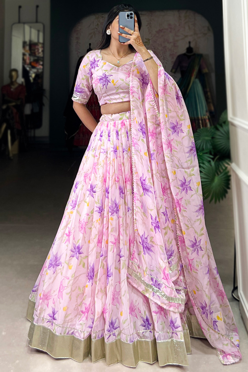 Georgette Pale Pink Lehenga with Printed Work for Diwali