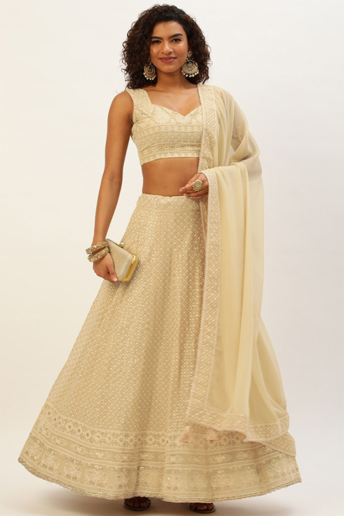 Georgette Pale Yellow Embroidered Panelled Style Lehenga