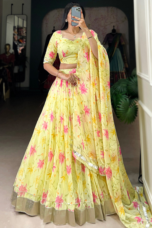 Georgette Pale Yellow Lehenga with Printed Work for Haldi 