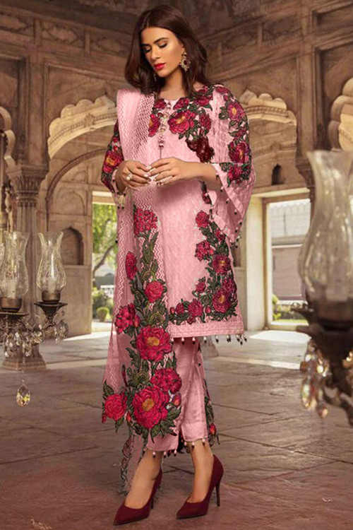 Georgette Party Wear Cigarette Pant Suit in Baby Pink Color