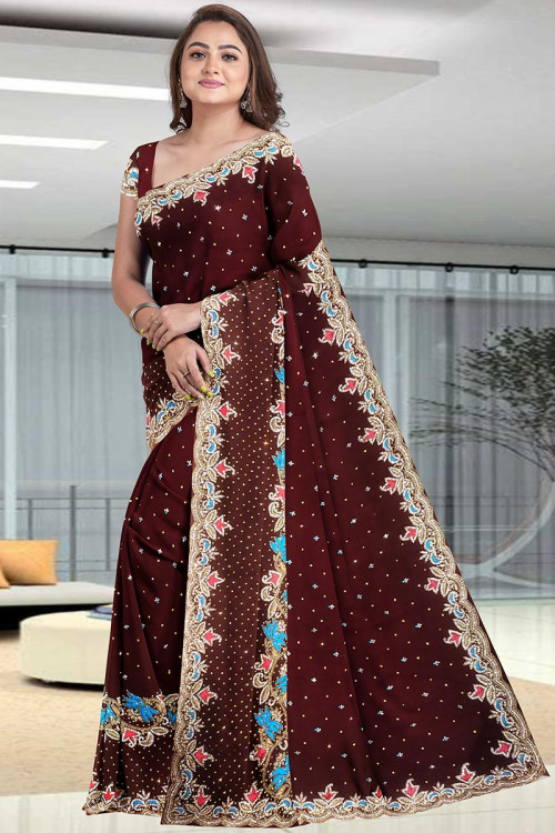 Georgette Party Wear Saree In Brown Color