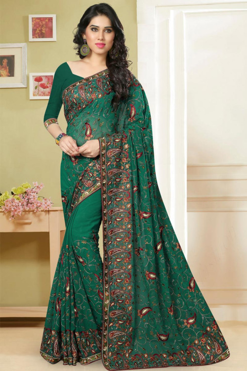 Buy Georgette Party Wear Saree In Rama Green Color Online - SARV08015 ...