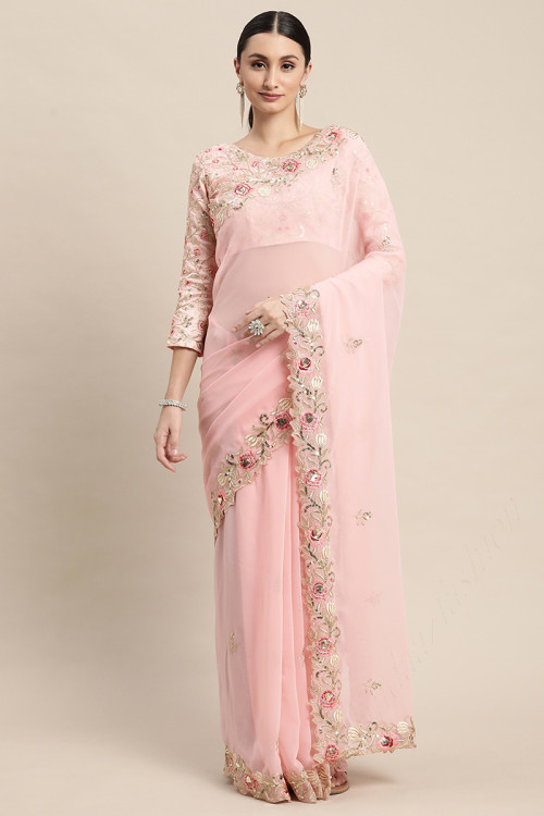 Dori Work Embroidered Soft Silk Light Pink Saree