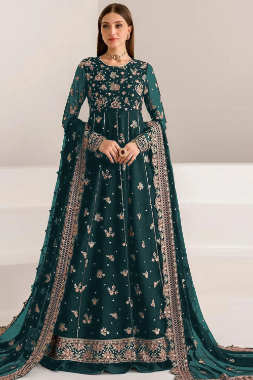 Georgette Peacock Blue A Line Embroidered Anarkali Suit