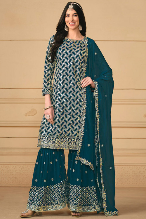 Georgette Peacock Blue Embroidered Straight Cut Sharara Suit