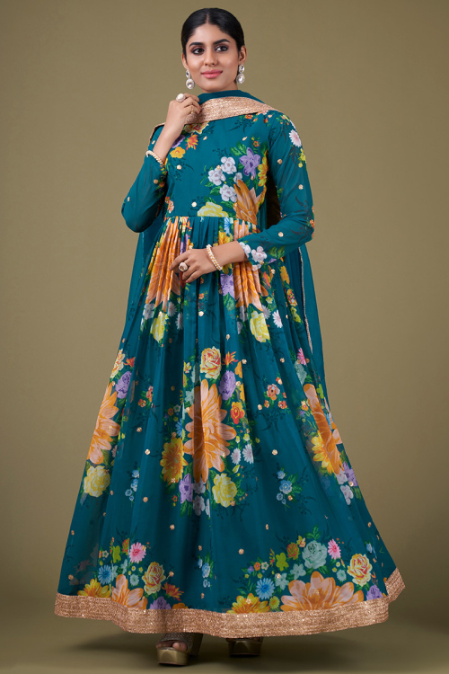 Georgette Peacock Blue Printed A Line Anarkali Suit