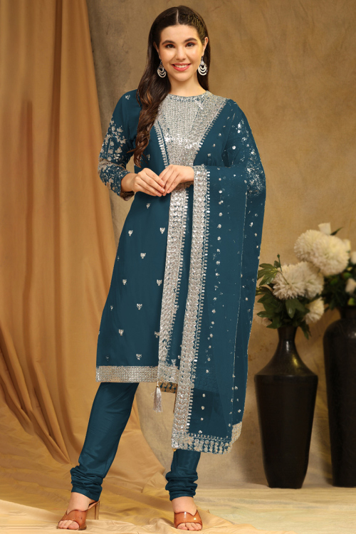 Georgette Peacock Blue Zari Embroidered Straight Cut Suit