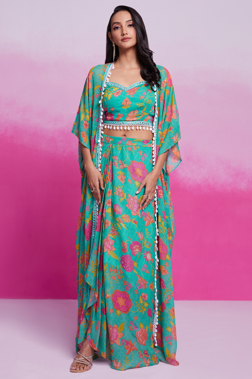 Georgette Persian Green Ready to Wear Printed Crop Top And Skirt