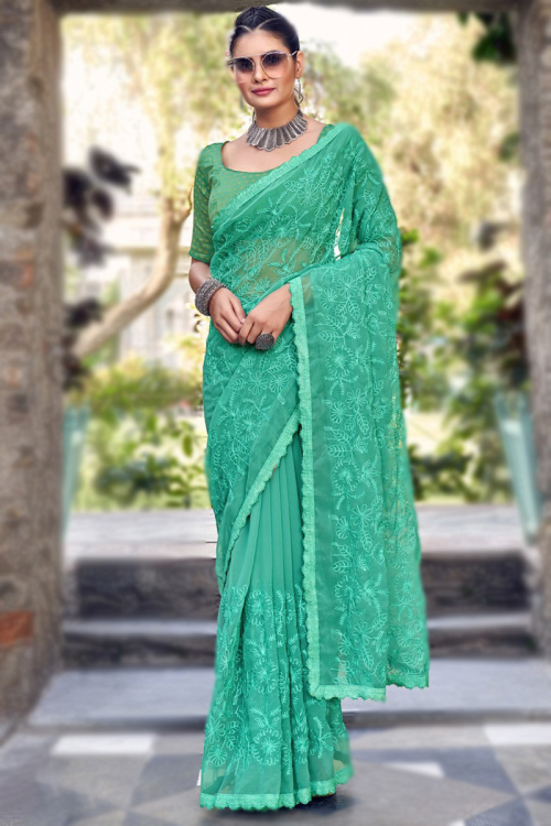 Georgette Persian Green Resham Embroidered Saree 