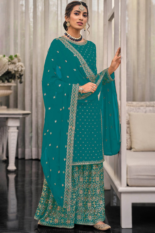 Georgette Persian Green Sequins Embroidered Sharara Suit