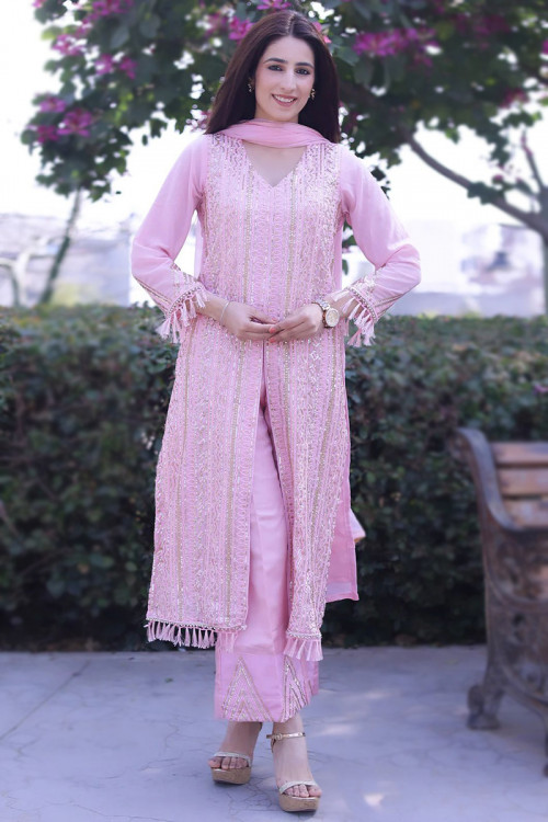 Georgette Pink Sequins Embroidered Straight Pants Suit