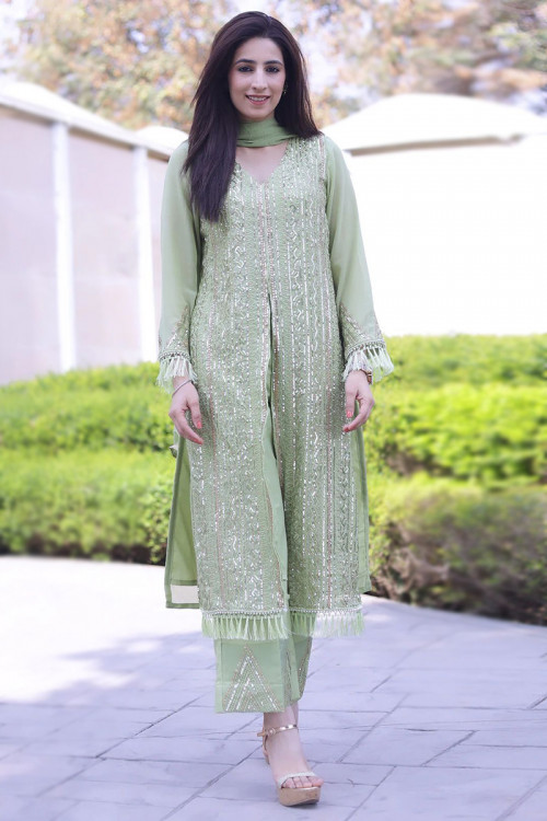 Georgette Pistachio Green Embroidered Straight Pants Suit