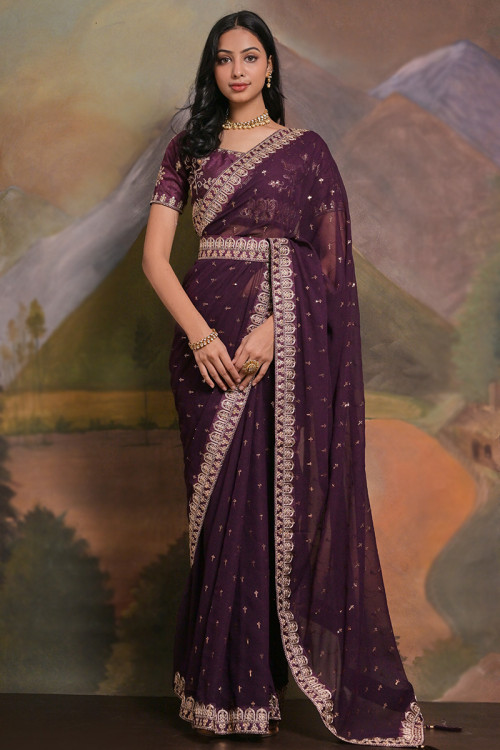 Lilac Purple Designer Saree with Heavy Work - Urban Womania
